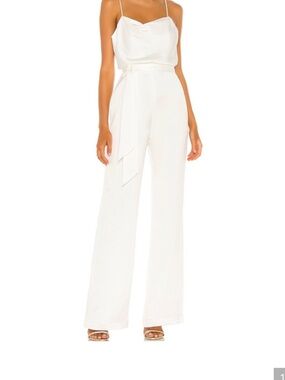 Wide-Leg Satin Jumpsuit with Cowl Neck and Waist Tie - White